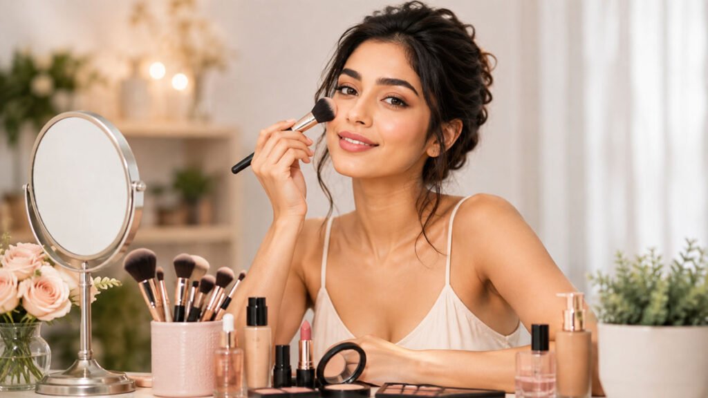 Woman applying natural makeup with glowing skin using soft beauty products in an elegant vanity setting.